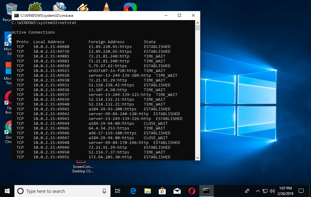 Example screen shot of Windows netstat